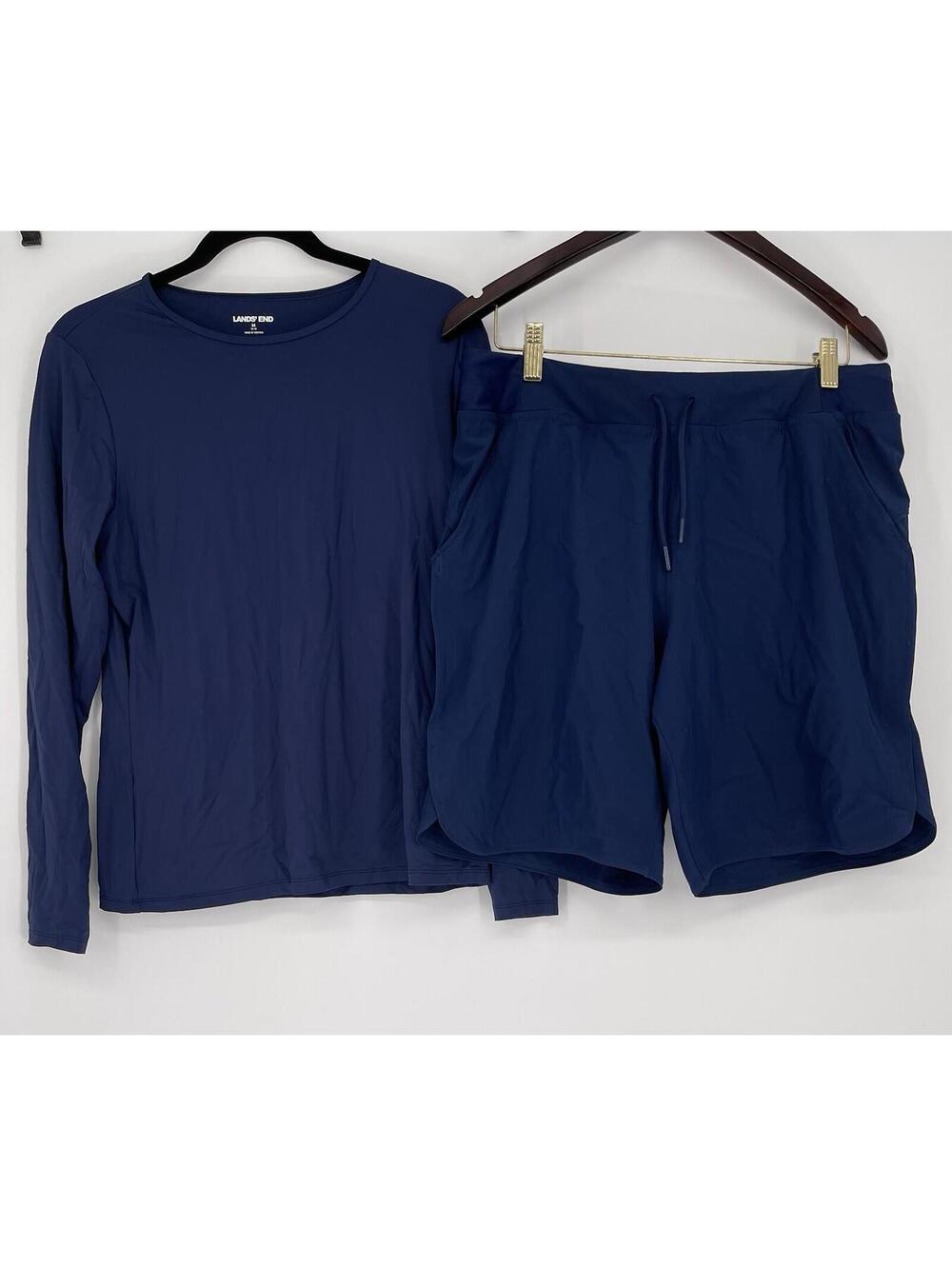 Lands' End Swim Set Navy Rash Guard Top & Swim Shorts Women's M/12